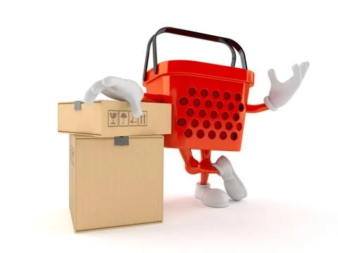 Shopping basket character with stack of boxes Illustrazione stock