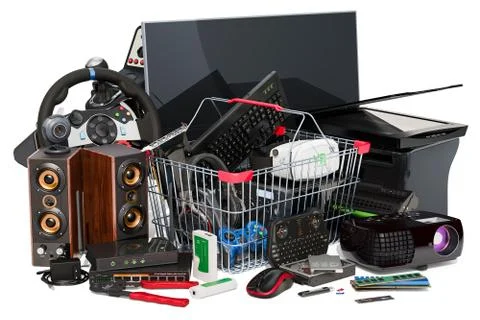 Shopping basket with computer device and accessories, 3D rendering Stock Illustration