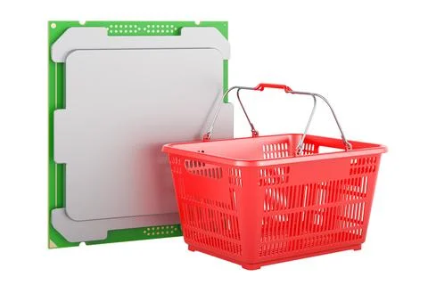 Shopping basket with CPU. 3D rendering Stock Illustration