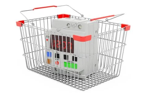 Shopping basket with digital timer switch, 3D rendering Illustrazione stock