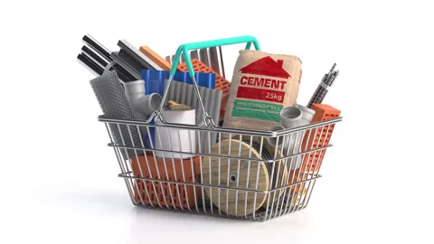 Shopping basket full of construction materials and tools. 3d animation Vídeo Stock 256712705