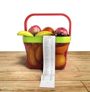 Shopping basket full of fresh fruit with a check 3d render on wood Stock Illustration