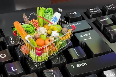 Shopping basket full of products  on computer keyboard concept, Online food.. Stock Illustration