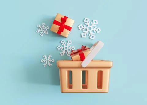 Shopping basket with gift boxes and snowflakes on blue background. Buying p.. Stock Illustration