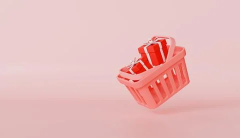 Shopping basket with giftbox, gift boxes fly and fall to shopping cart Stock Illustration