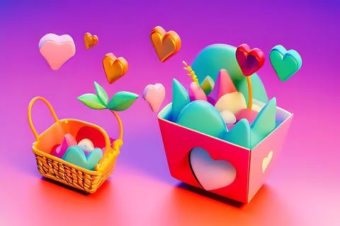 Shopping Basket with Hearts on diffrent background. Valentine's Day, Mother.. Stock Illustration