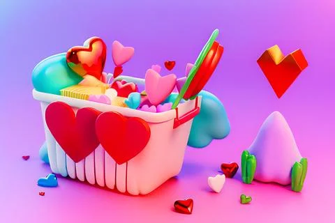 Shopping Basket with Hearts on diffrent background. Valentine's Day, Mother.. Stock Illustration