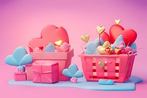 Shopping Basket with Hearts on diffrent background. Valentine's Day, Mother.. Stock Illustration