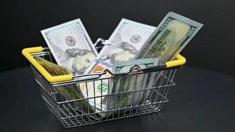 A shopping basket with a hole lets resources slip away unnoticed. Stock Footage 294722797