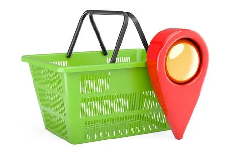 Shopping basket with map pointer. Shopping location concept, 3D rendering Illustrazione stock