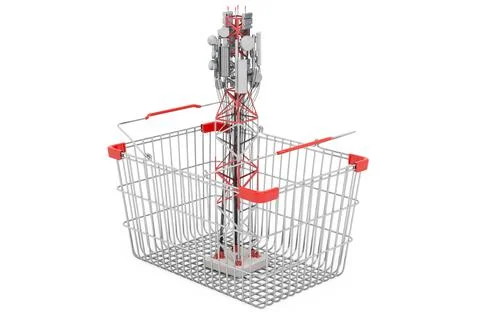 Shopping basket with mobile tower, 3D rendering Stock Illustration