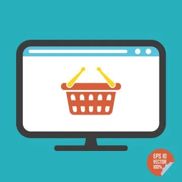 Shopping basket on screen flat vector icon. Illustration for website or mob.. Stock Illustration