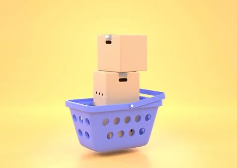 Shopping basket with stack cardboard boxes, 3d render. Purple plastic Stock Illustration