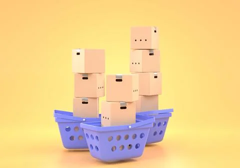 Shopping baskets with stacks cardboard boxes. Concept of goods delivery from Illustrazione stock