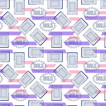 Shopping baskets vector seamless pattern. Sale promotion repeat tile design Stock Illustration