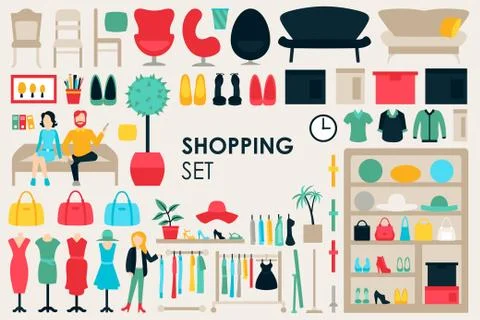 Shopping Big Collection in flat design background concept. Infographic Elements Illustrazione stock