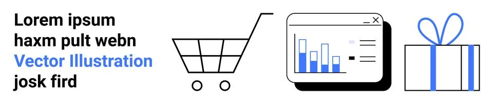 Shopping cart, analytics bar chart in a browser window, and a gift box. Ideal Stock Illustration