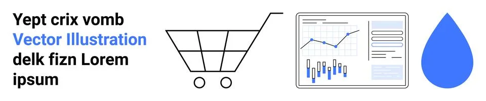 Shopping cart, analytics dashboard with graphs, and a blue water droplet. Ide イラスト素材