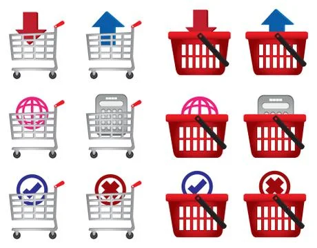 Shopping cart and basket vector icon set for e-commerce Stock Illustration