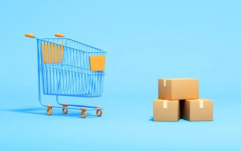 Shopping cart and boxes on the blue background, 3d rendering. Stock Illustration