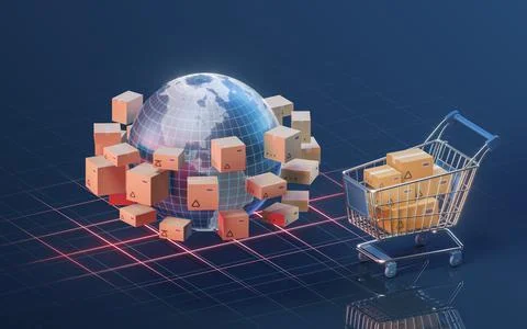 Shopping cart and commodity logistics, 3d rendering. 스톡 일러스트
