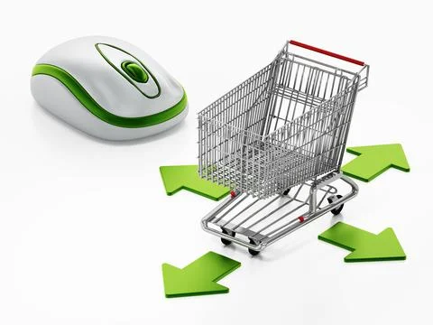 Shopping cart and computer mouse isolated on white background. 3D illustratio Illustrazione stock
