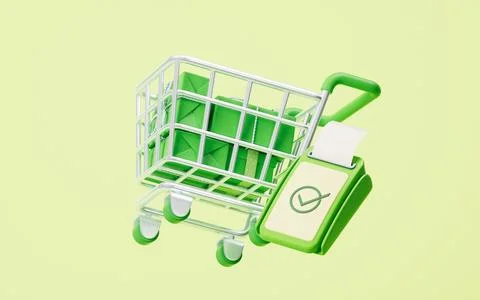 Shopping cart and e-commence gift boxes, 3d rendering. Stock Illustration