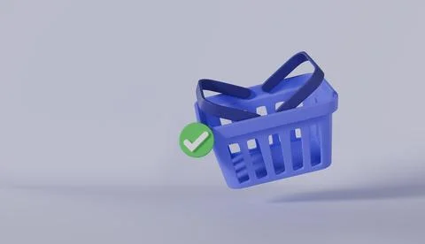 Shopping cart with basket 3d icon with check marks, shopping online concept Stock Illustration
