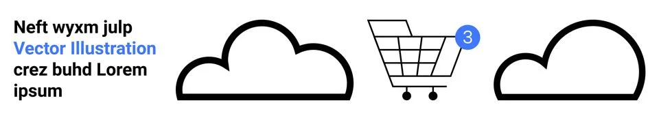 Shopping Cart Between Two Clouds with Notification Number Three in Blue Circl Ilustração Stock