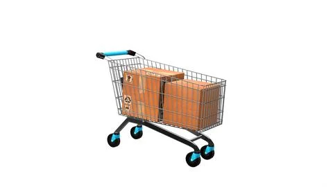 A Shopping Cart with Boxes on White Background Ilustración de archivo