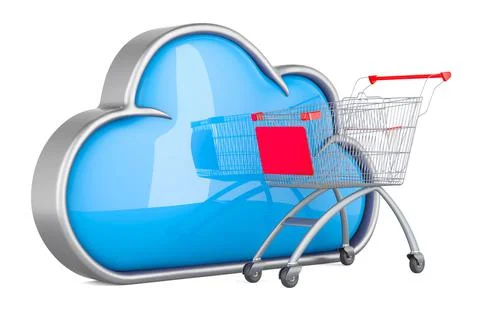 Shopping cart with cloud computing, 3D rendering Illustrazione stock