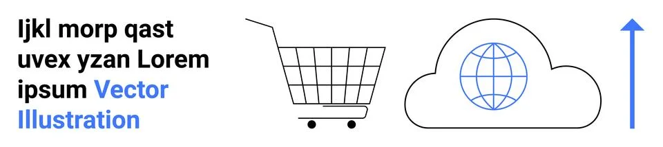Shopping cart, cloud with globe, and upward arrow suggest online retail and c Stock Illustration