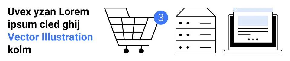 Shopping cart, database server, and laptop display. Ideal for e-commerce, onl Stock Illustration