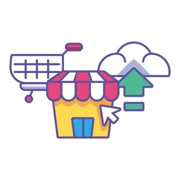 Shopping cart with digital elements in white background Illustrazione stock