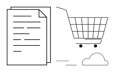 Shopping cart with documents and cloud background. Ideal for online shopping, Stock Illustration