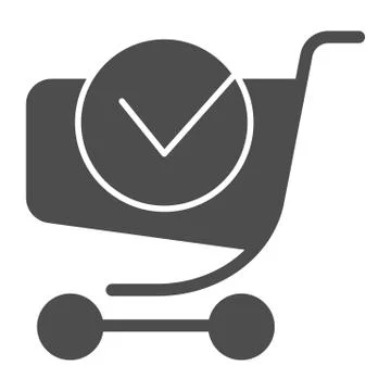 Shopping cart with done label solid icon. Shopping trolley with tick vector Stock Illustration