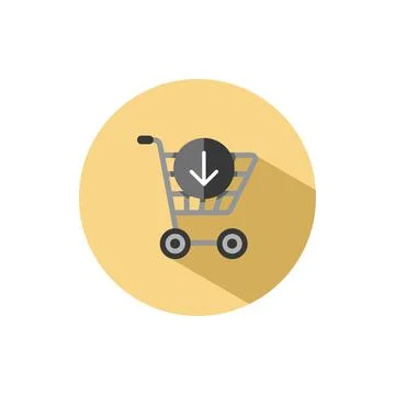 Shopping cart. Down arrow. Flat icon in a circle. Commerce vector illustratio Stock Illustration