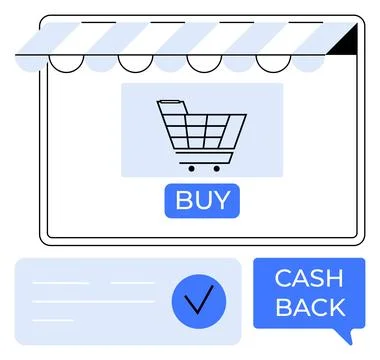 Shopping cart on e-commerce screen under a striped canopy. Blue buy button an Stock Illustration