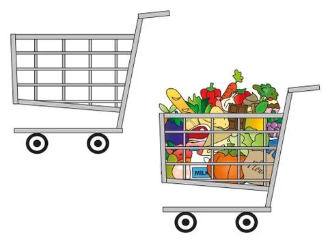 Shopping cart empty and one full of food Stock Illustration