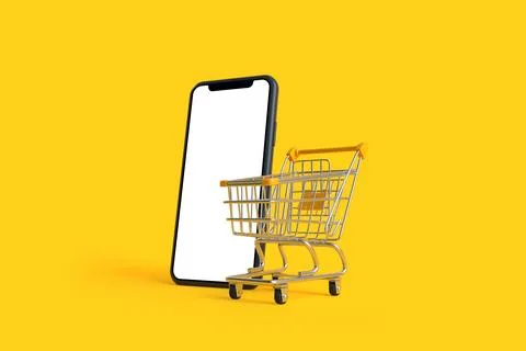 Shopping cart with empty smartphone screen on a yellow background Illustrazione stock