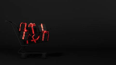 Shopping cart with falling gift boxes Black Friday Sale background. 3d render Stock Illustration
