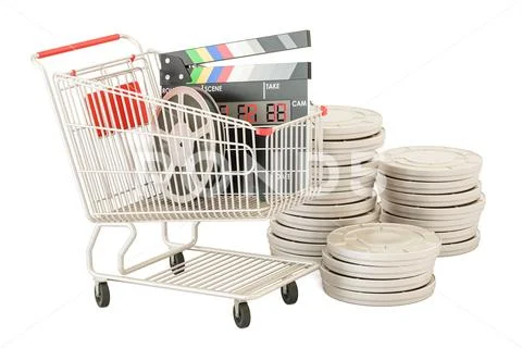 Shopping cart with film reels and digital clapperboard. 3D rendering Stock Illustration