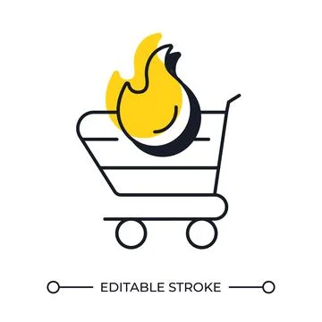 Shopping cart on fire offset shadow line icon Stock Illustration