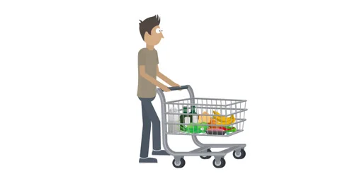 Shopping cart with food. Animation man s... | Stock Video | Pond5