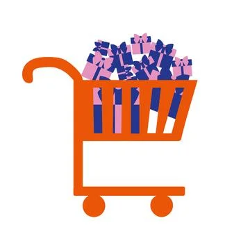 Shopping cart full of gift boxes. A contemporary style. Vector flat style ill Stock Illustration