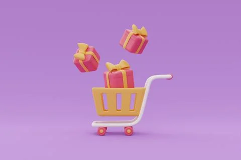 Shopping cart with gift boxes, Flash sale promotions concept on purple backgr Stock Illustration