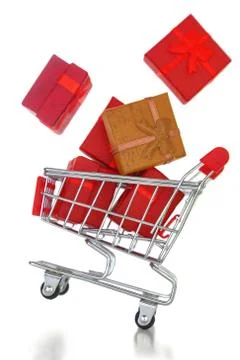 Shopping cart with gift boxes isolated on white Stock Photos