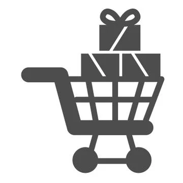 Shopping cart with gift boxes solid icon, shopping concept, trolley full of Stock Illustration