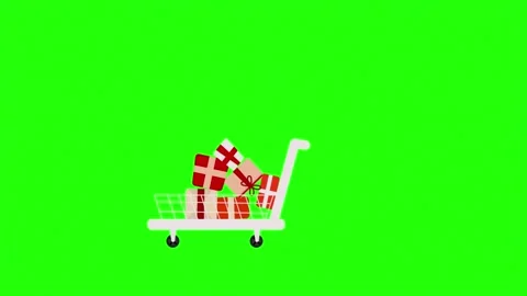 Shopping cart with a gift on the inside, moving animation green screen. Video stock 290873177