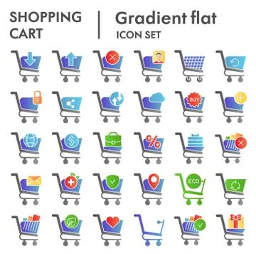 Shopping cart gradient flat icon set, market trolley symbols collection, vector Stock Illustration